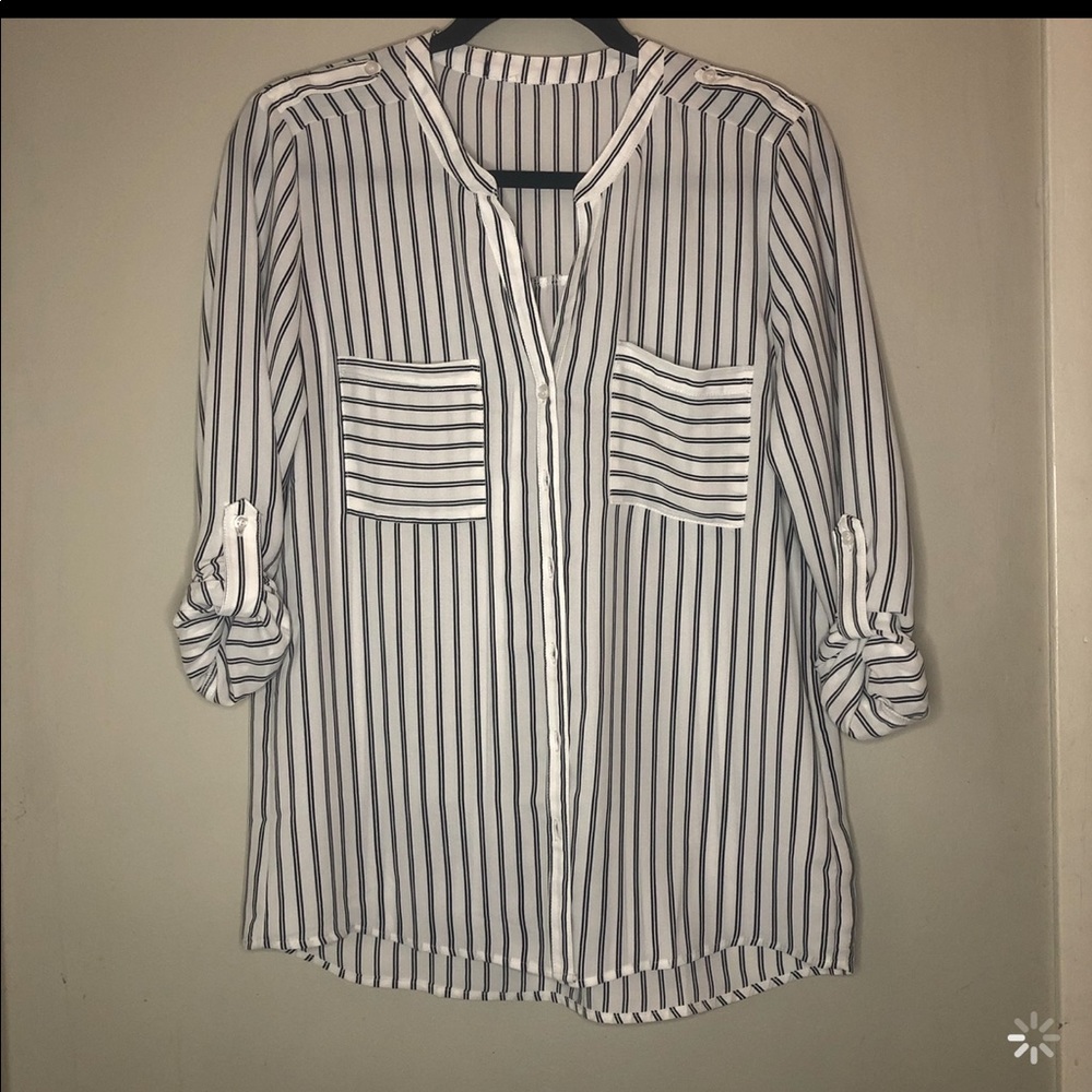 Vertical White and Black Stripped Button Up Blouse